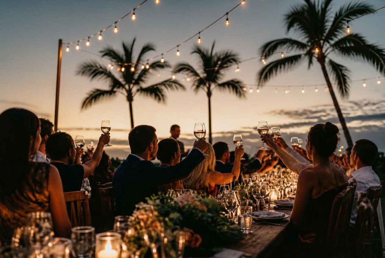 Brindis en una mesa larga al atardecer bajo guirnaldas de luces