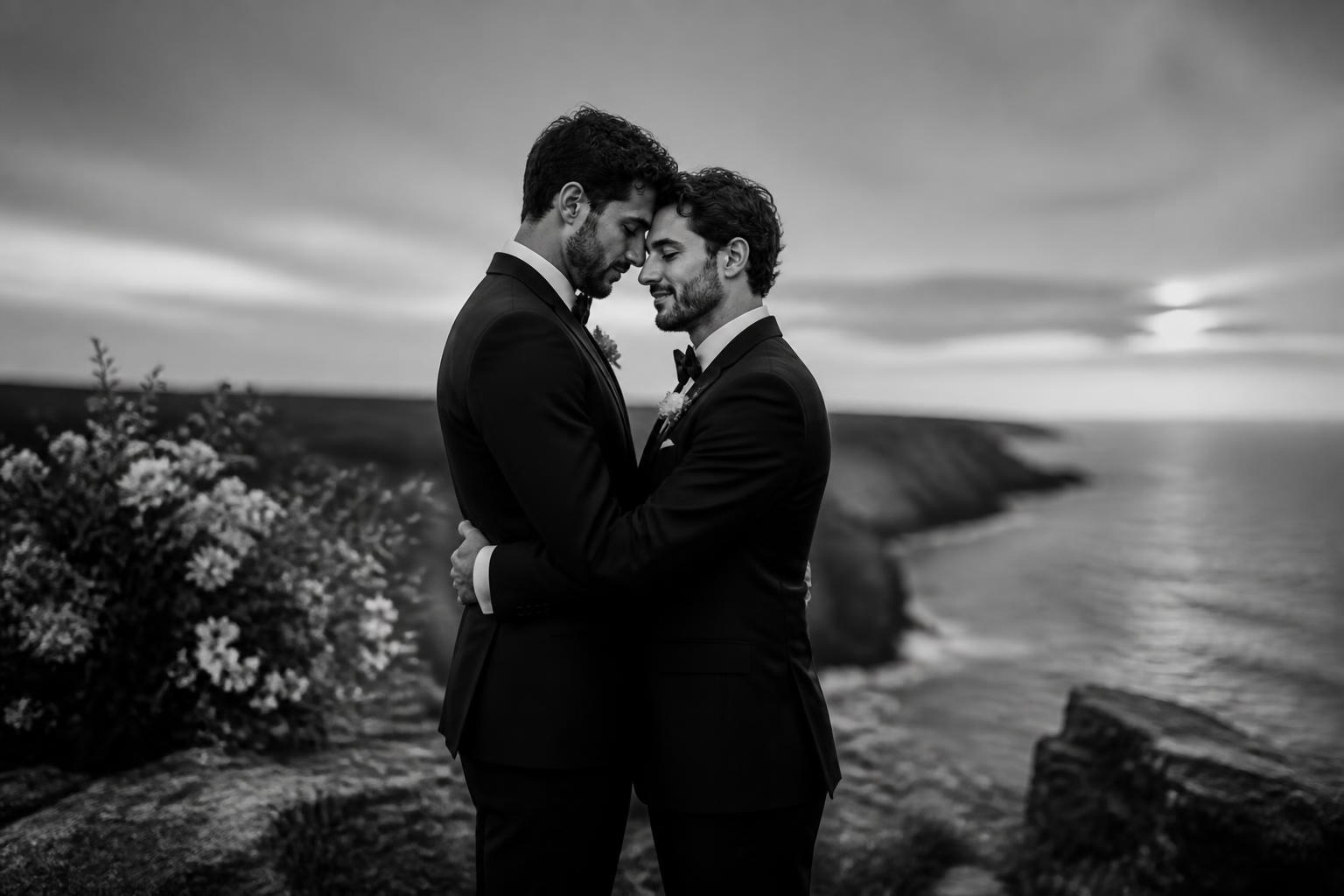 Dos novios abrazados en un acantilado frente al Atlántico